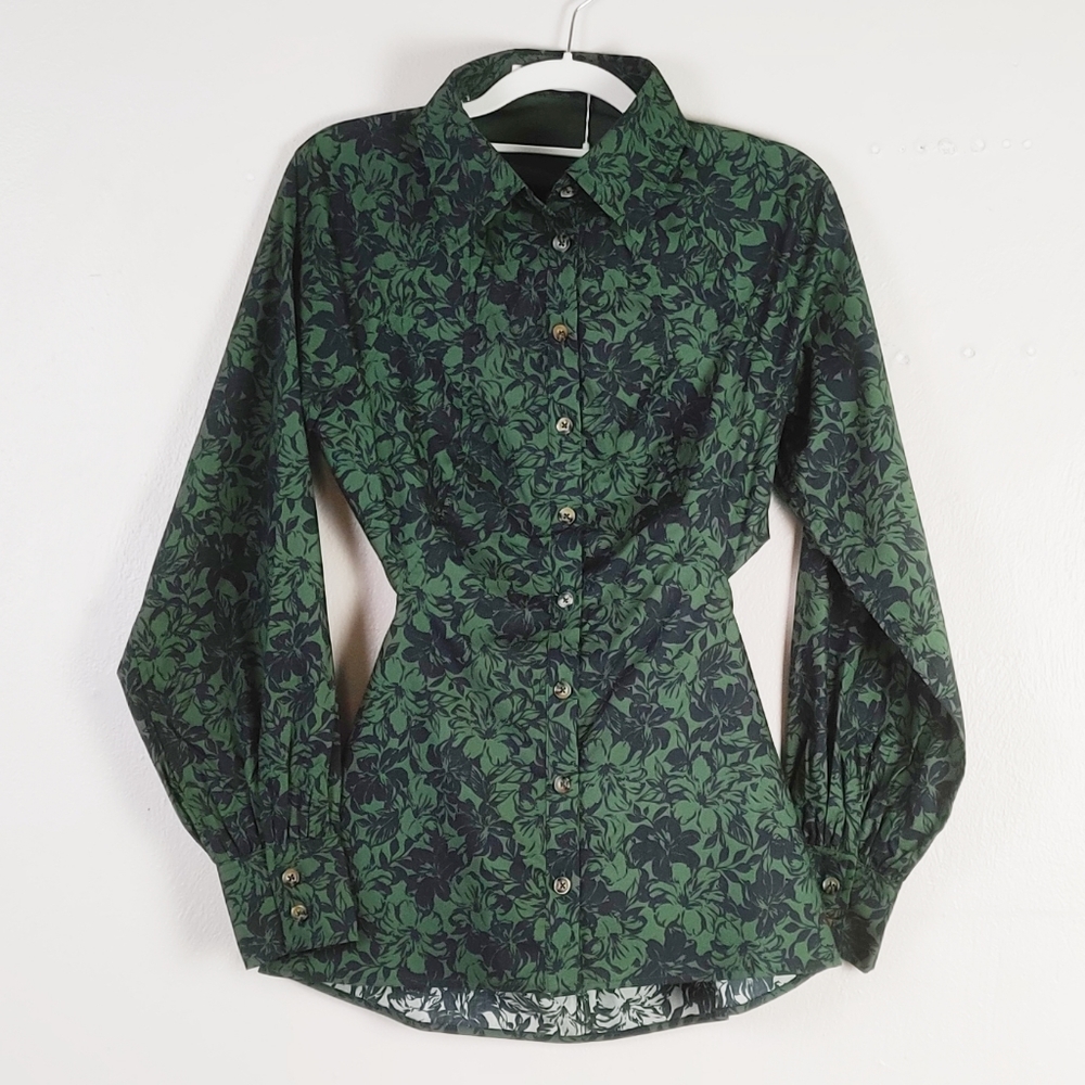 Third Form Garden Shirt Top Botanical Print Green Cutout Exposed Back Size 4